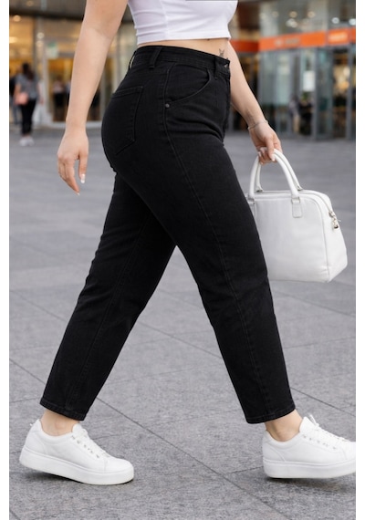 Cedy Denim Mom Fit Jean Büyük Beden Yüksek Bel Carrot Kesim Dar Paça Pileli Esnek Kot Pantolon C600 Siyah
