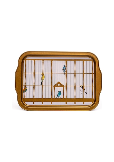 Bird Cage Desenli Kulplu Metal Tepsi, 21 X 31 Cm
