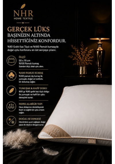 %100 Kaz Tüyü Dolgulu, %90 Gıdık, Uyku Yastığı / 50x70 1000gr