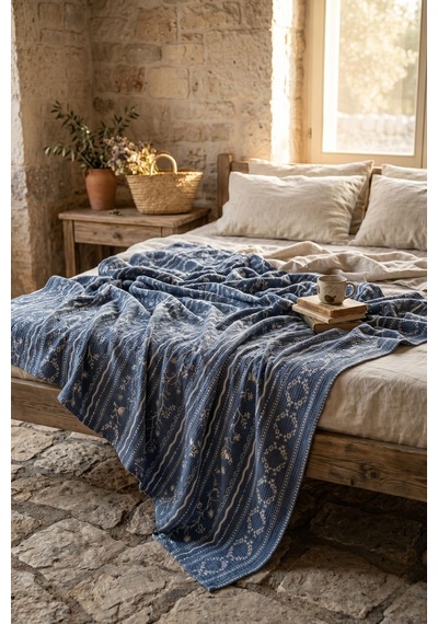 Cotton Collection Tek Kişilik Pike Blue Cottage 160x230 Mavi-beyaz