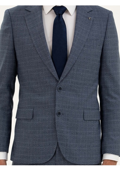 Cacharel Mavi Slim Fit Kareli Takım Elbise