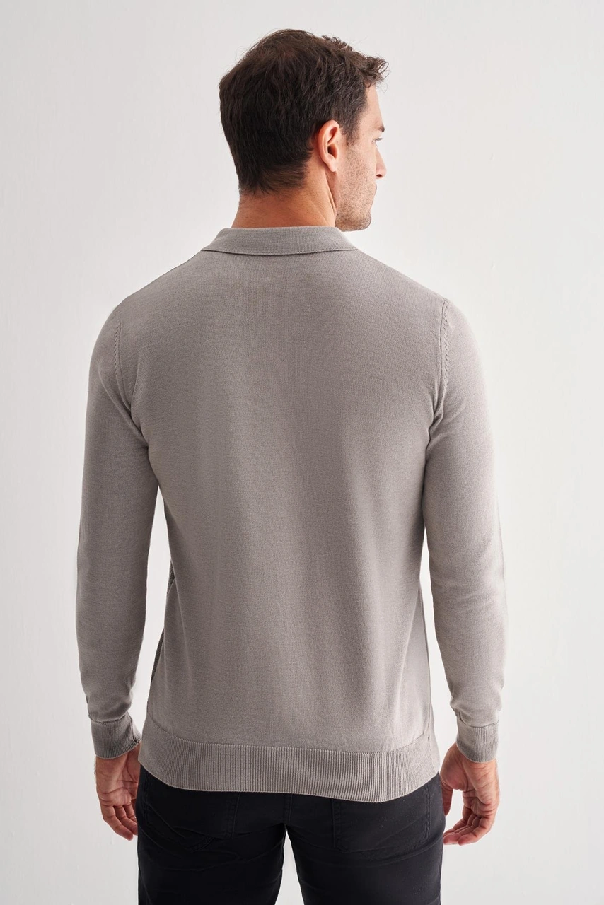 Açık Gri Fermuarlı Polo Yaka Uzun Kol Cepsiz Comfort Fit Pamuklu Triko Kazak 1012255223 Açık Gri