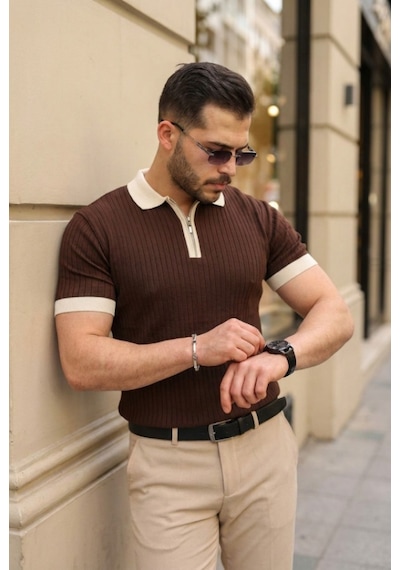 Efnaz Style Erkek Yaka Ve Kol Detaylı Fermuar Yakalı Çizgi Desen Kısa Kollu Triko Tişört Kahverengi