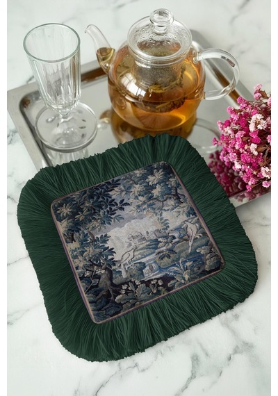 Barok Lüks Saçaklı Şık Servis Mendili - Doğa Manzara Klasik Vintage Yeşil Kahve Altı Tepsi Peçetesi Çok Renkli