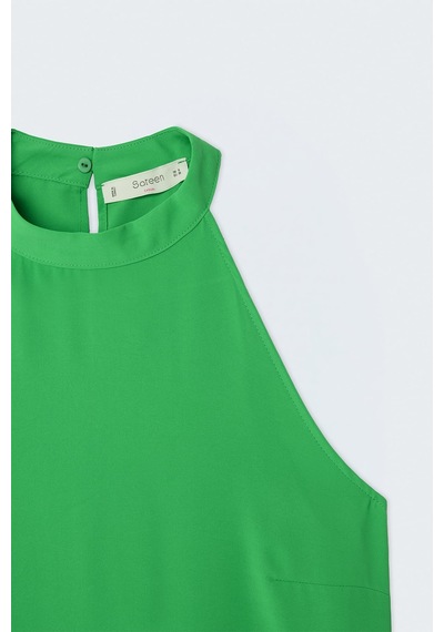 Sateen Halter Yaka Bluz - Yeşil-137729