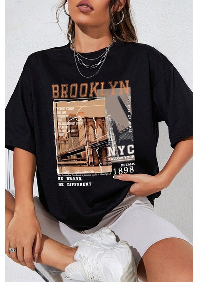 Unisex Brooklyn Baskılı Tasarım Tshirt Siyah Unisex Brooklyn Baskılı Tasarım Tshirt Siyah