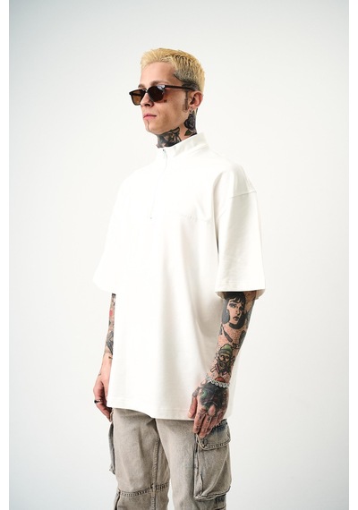Respire Erkek Be Kind Nakışlı Yarım Fermuarlı Oversize T-shirt Ekru