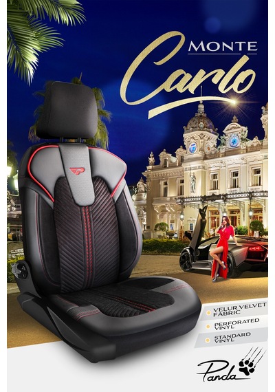 Siyah - Kırmızı Panda Monte Carlo Serisi Velor Kadife Kumaş Oto Koltuk Kılıfı - Tam Set