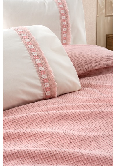 4 Parça Kopanaki Dantelli & Püsküllü Çift Kişilik Pike Takımı - %100 Pamuk - 210 X230 Cm - Pudra