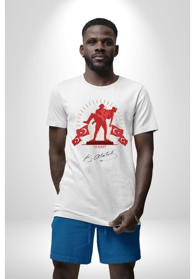 18 Mart Çanakkale Atatürk İmzası Unisex Unisex Beyaz Organik Baskılı T-shirt Penye Yüksek Kalite Beyaz