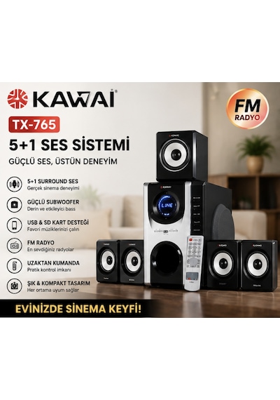 Kawaı Tx-765 5+1 Ses Sistemi Fm Radyo Usb Sd Kart Destekli Uzaktan Kumandalı