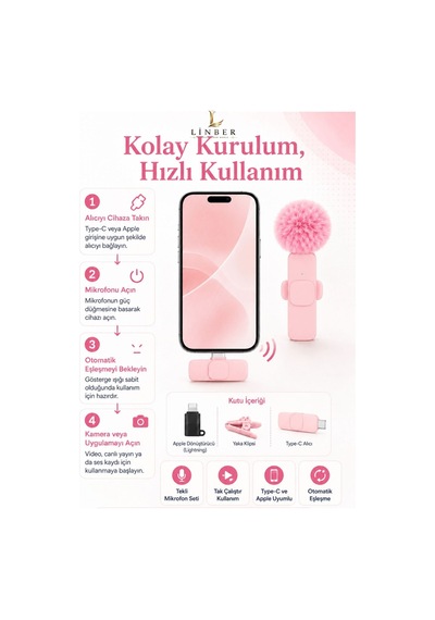 Pembe Kablosuz Yaka Mikrofonu Tekli Tak Çalıştır, İos Uyumlu, 6-8 Saat Kullanım 1 Adet Pembe Pembe