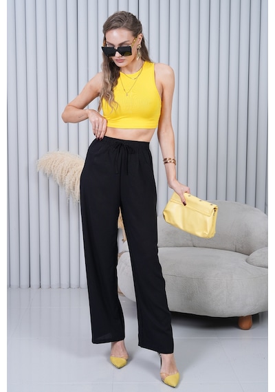 Polologin Butik Beli Bağcıklı Yüksek Bel Bol Paça Siyah Pantolon Siyah