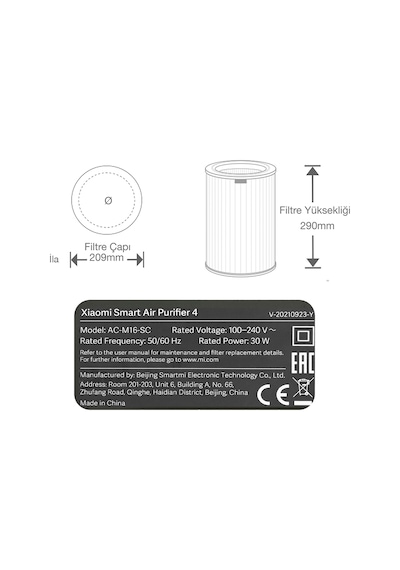 Xiaomi Smart Air Purifier 4 Filtre Gri High Efficiency