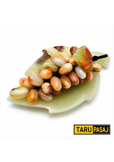 Doğal Oniks Taş Yaprak Tabak & 30 Taneli Üzüm Salkımı Feng Shui Dekor Objesi Kahverengi