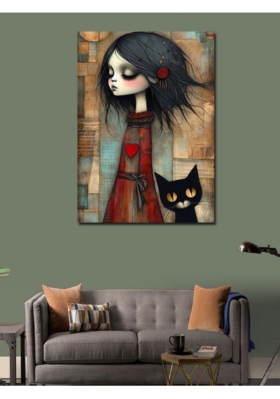 Kanvas Tablo Gotik Kadın Ve Kedi 100cmx140cm