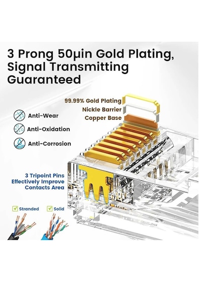 Koodmax - 100 Adet - 50u" Gold Plated Cat6 Rj45 Konnektör - 8p8c Ethernet Kablo Ucu Modüler Fiş Jak