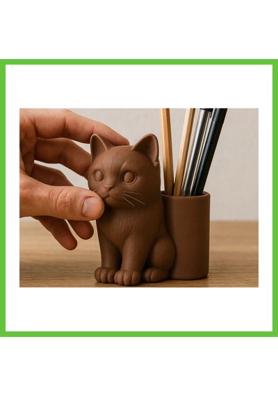 Bezos 3d Baskı Kedi Figürlü Kalemlik - Masaüstü Organizer - Kahverengi Dmc