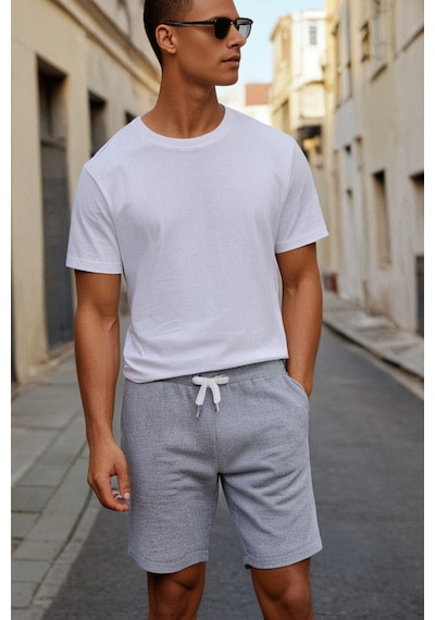 Elemge Pamuklu Erkek Gri Casual Şort Yan Cepli Bağcıklı Regular Fit Kalıp Boru Paça Günlük Bermuda 2 Iplik