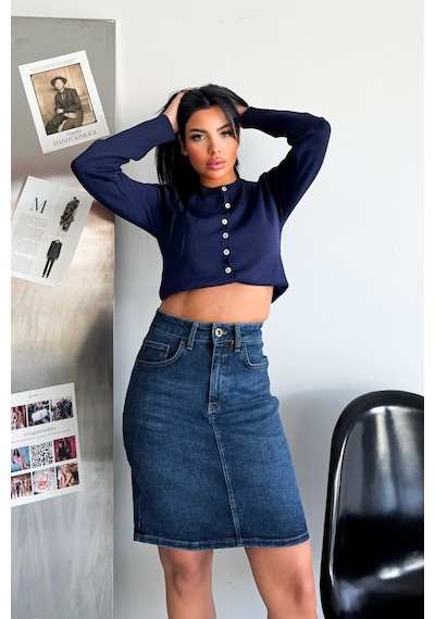 HLT Jeans Kadın Koyu Mavi Yıkamalı Regular Fit Yüksek Bel Orta Boy Likralı Denim Kot Etek Alice-4006