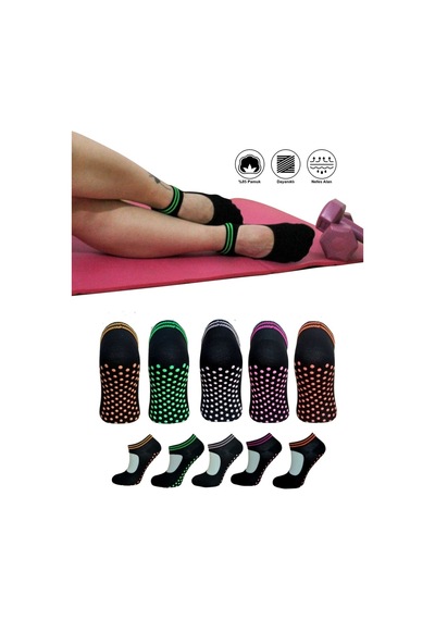 5 Çift Pamuklu Renkli Kaymaz Taban Silikon Baskılı Yoga Fitness Pilates Ve Aktivite Kadın Çorabı