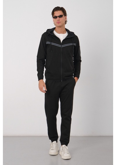 Dechers Erkek Siyah Tech Fleece Double Face Kapüşonlu Fermuarlı Eşofman Takımı - E228