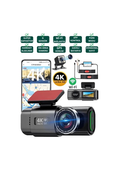 Wifi Çift Ön Arka 4k Araç İçi Güvenlik Kamerası + Park Modu Kablosu Çift Kamera Kayıt Cihazı Gps Gece Görüşü Mikrofonlu Dash Cam - G5v