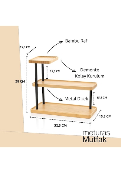 Tr 3 Katlı Bambu Mutfak Rafı, Metal Ayaklı, Doğal Bambu Ve Siyah Renk, Modern Tasarım, 32.5x28x15.5 Cm, Mutfak Düz Diğer