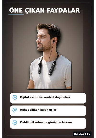 Bay Bluetooth V4.0 Boyun Tipi Kulaklık 10 Mt Menzilli Mikrofonlu Dijital Ekranli Kulak Ici Bx-313560 Najmaddin