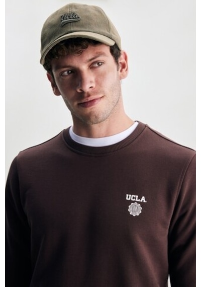 Ucla Valley Kahve Bisiklet Yaka Baskılı Standard Fit Erkek Sweatshirt Kahve Kahverengi
