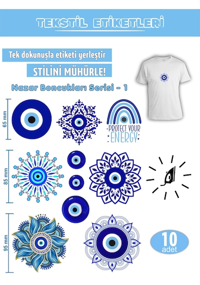 Ütü İle Yapışan Kıyafet Etiketi Nazar Boncukları Serisi -1 10lu Set Karışık