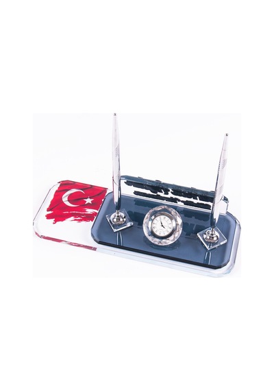 Türk Bayrağı Baskılı Masa İsimliği İki Kalemli Saat Gümüş İsimlik