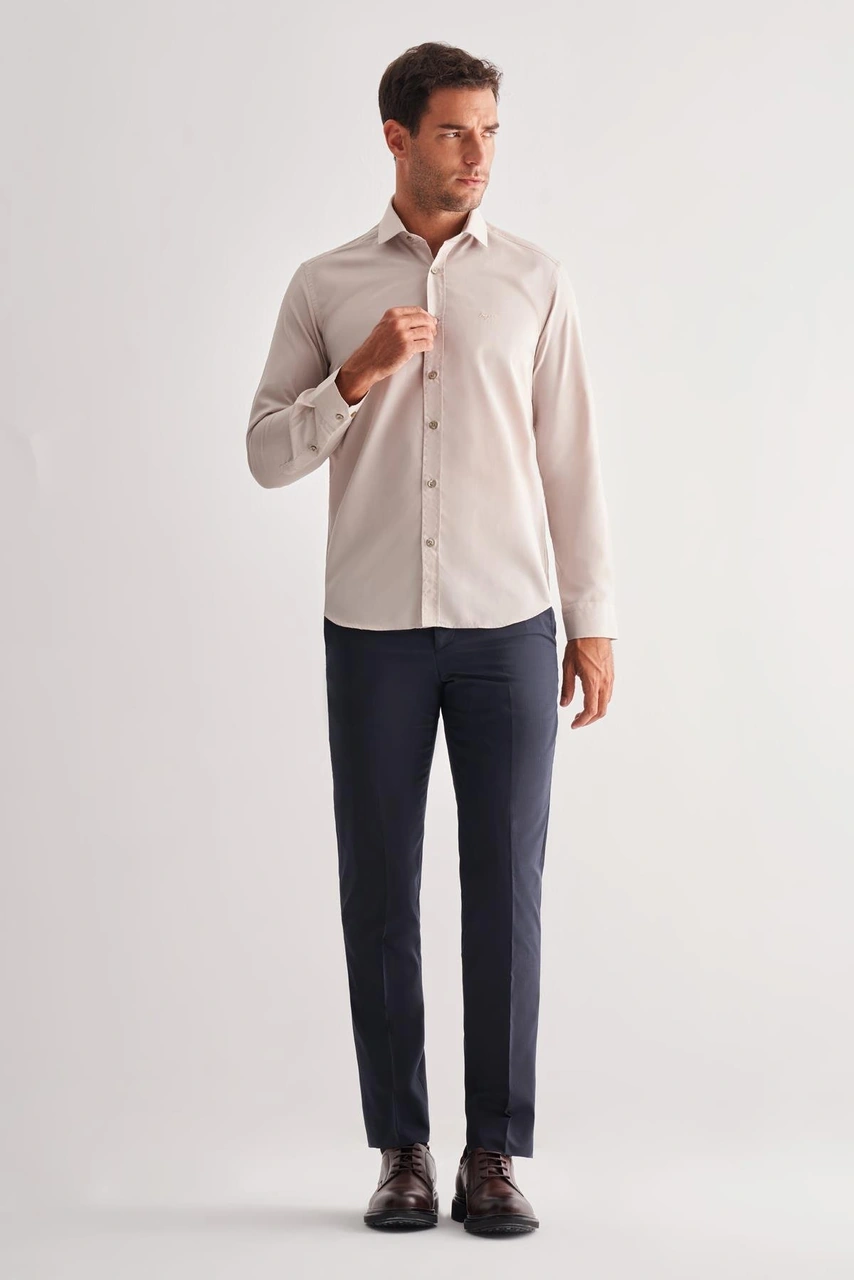 İmza Koyu Bej Yarım İtalyan Yaka Uzun Kol Slim Fit Pamuklu Gömlek 1004255180 Koyu Bej