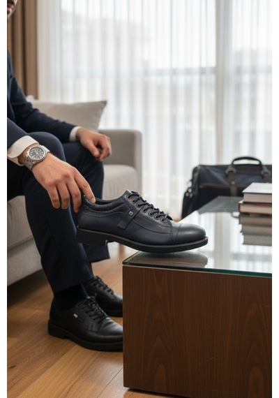 Enoch Hakiki Deri Lacivert Detaylı Erkek Sneaker Ayakkabı Ortopedik Taban Lacivert