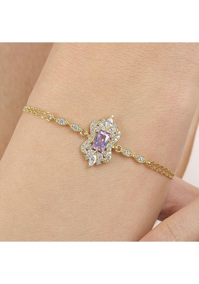 Lila Taşlı Asil Işıltı Klasiği Gold Renk Vintage Gümüş Bileklik