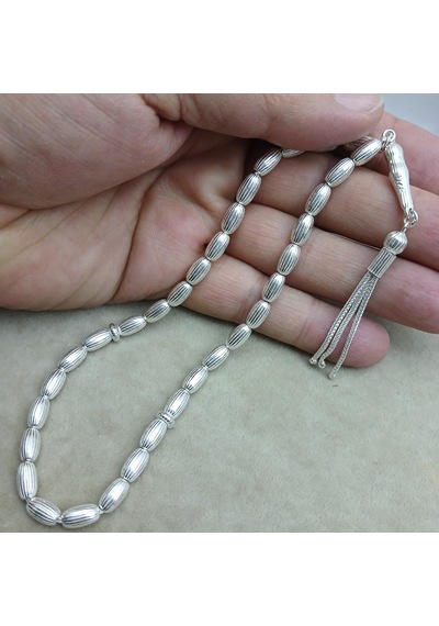925 Ayar Gümüş Tesbih Arpa Kesim Çizgili Model Orta Boy