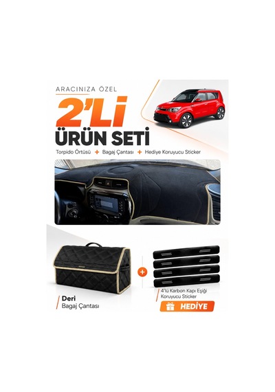E-biz Kia Soul 2014-2019 Uyumlu Torpido Örtüsü + Deri Bagaj Çantası Seti - Siyah-bej - Kı021