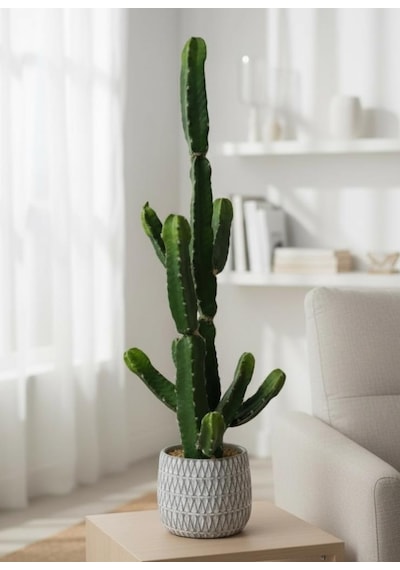 Yapay Kaktüs Euphorbia İngens Şamdan Ağacı Beton Saksıda Yapay Bitki 70cm Yeşil
