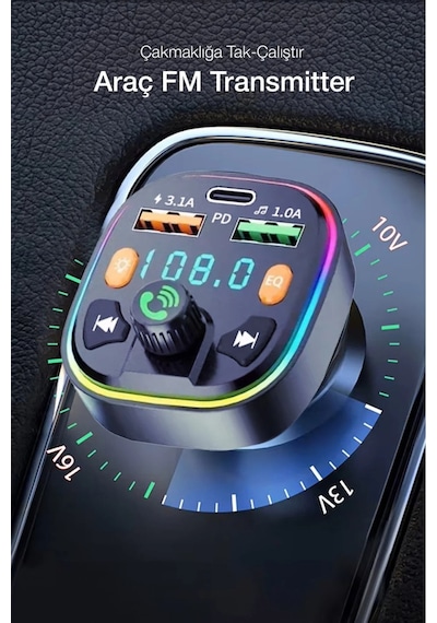 Bluetooth Araç Çakmaklık Fm Transmitter Işıklı Mp3 Çalar Type-c Hızlı Şarj Araç Şarj Cihazı