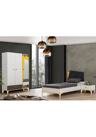 Giallo Genç Odası, 3 Kapaklı Dolap Karyola Komodin (504460276) Beyaz