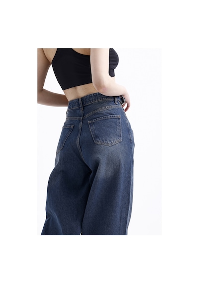 Pass&pass 2430 Kadın Yandan Tokalı Baggy Jeans Kot Denim Pantolon Koyu Mavi