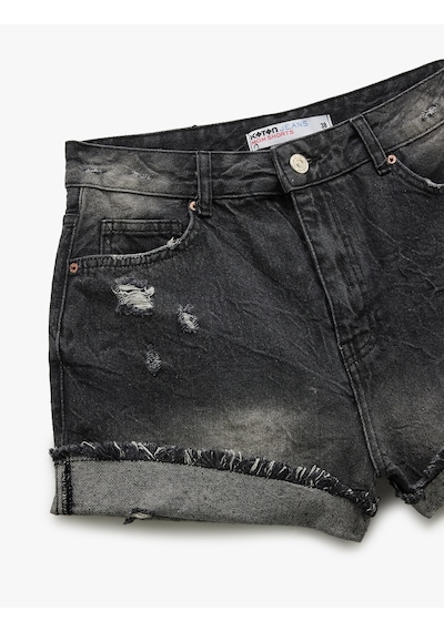 Koton Pamuklu Rahat Kalıp Katlı Paça Yırtık Denim Şort Siyah 5sal40012md Siyah