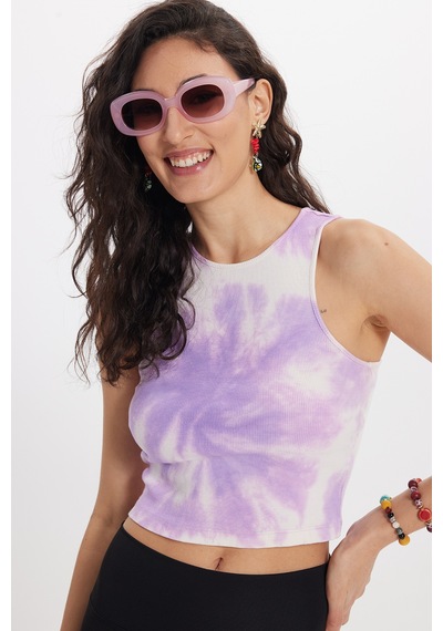 Tudors Kadın Slim Fit Dar Kesim %100 Pamuk Kolsuz Askılı Bisiklet Yaka Baskılı Pembe Crop-50580