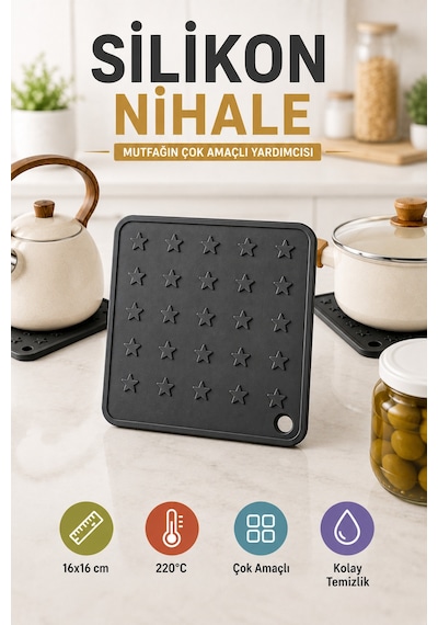 Antrasit Silikon Nihale 16x16cm Çok Amaçlı Tencere Tava Altlığı Fırın Tepsi Tutacağı Kavanoz Açacağı