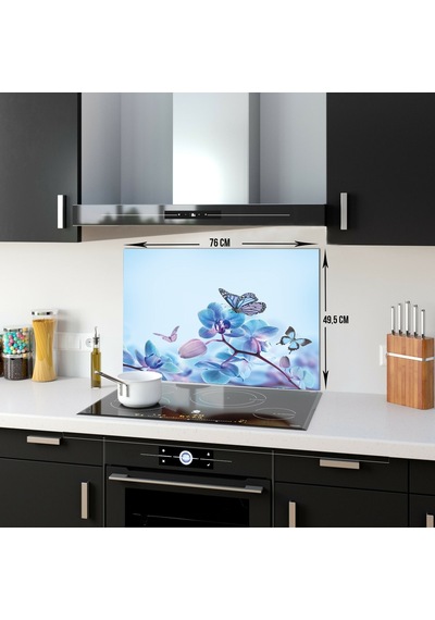 Decorıta Cam Ocak Arkası Koruyucu | Mavi Çiçek Ve Kelebek