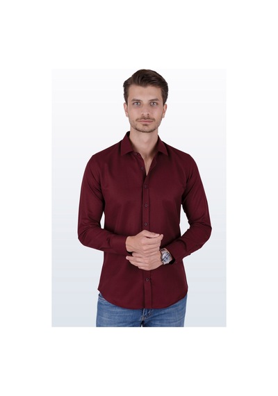 Koyu Bordo Baklava Desenli Slimfit Gömlek Koyu Bordo