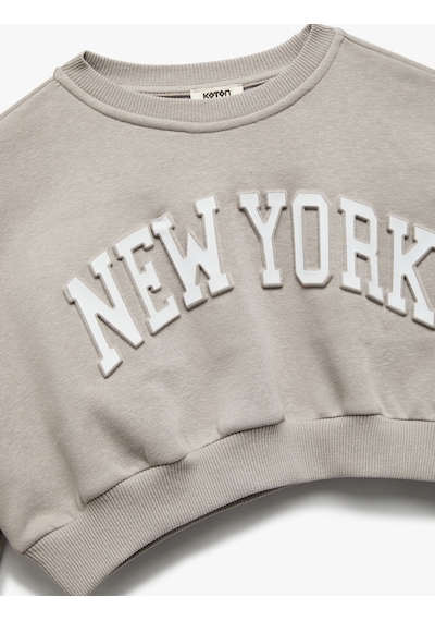 Koton Uzun Kollu Bisiklet Yaka Şardonlu Baskılı Crop Sweatshirt Gri 6wkg10074ak Gri