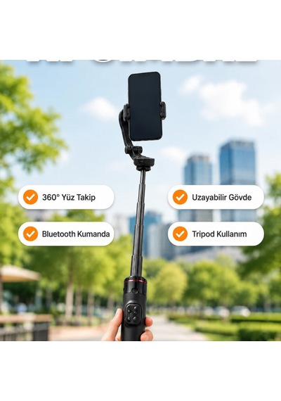 360 Aı Yüz Takipli Gimbal Selfie Stick Bluetooth Kumandalı Uzayabilir Tripod