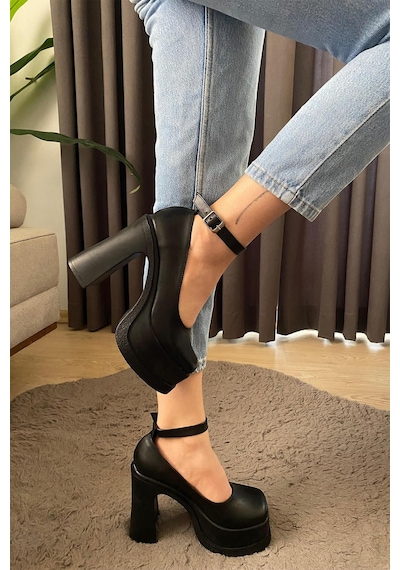 Preshley Kadın Elanor Siyah Deri Bilekten Bağlamal 12 Cm Platform Topuklu Ayakkabı-siyah Siyah