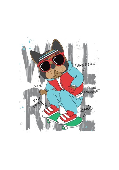 Paybuy Çocuk Kaykaylı Bulldog Baskılı Tişört Güneş Gözlüklü Sporcu Karak beyaz